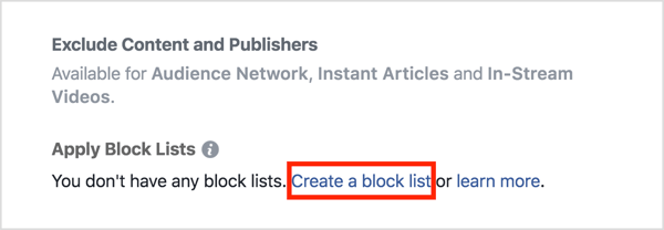 În secțiunea Destinații de plasare a anunțului, faceți clic pe Aplicați liste de blocuri, apoi faceți clic pe Creați o listă de blocuri.