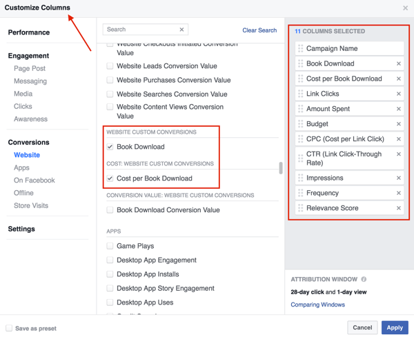 Selectați coloanele pe care doriți să le adăugați în tabelul cu rezultatele anunțurilor Facebook.