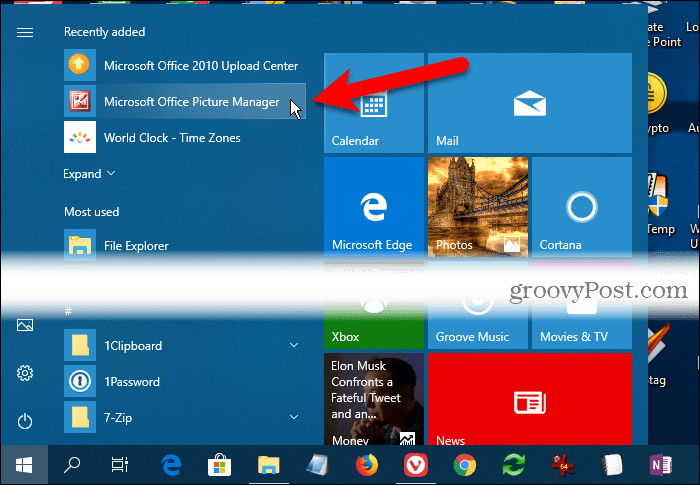 Microsoft Office Picture Manager în secțiunea recent adăugată în meniul Windows 10 Start