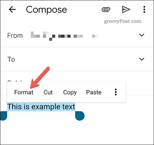 Formatarea textului selectat în aplicația Gmail de pe mobil