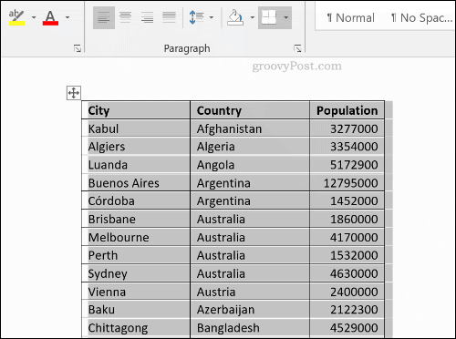 Un tabel sortat în Microsoft Word