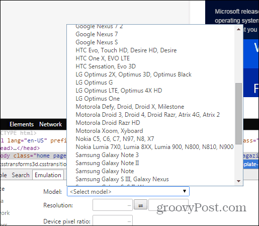 Instrumentele pentru dezvoltatori Chrome selectează senzorii de emulare