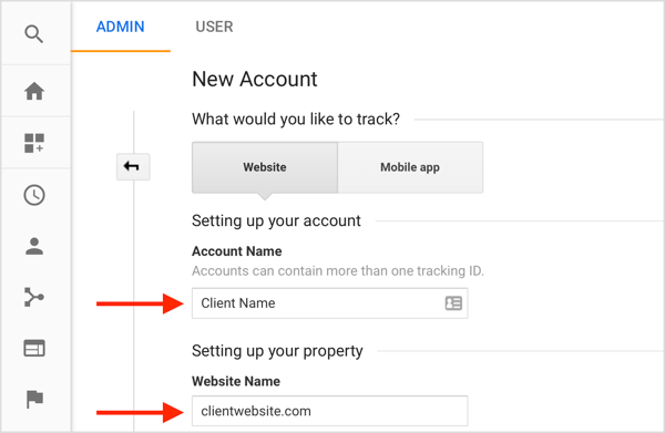 Completați informații pentru a crea un nou cont client din contul dvs. Google Analytics.