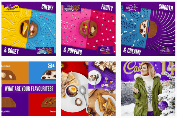 Feed-ul Instagram pentru Cadbury's se concentrează pe culoarea lor violetă iconică.
