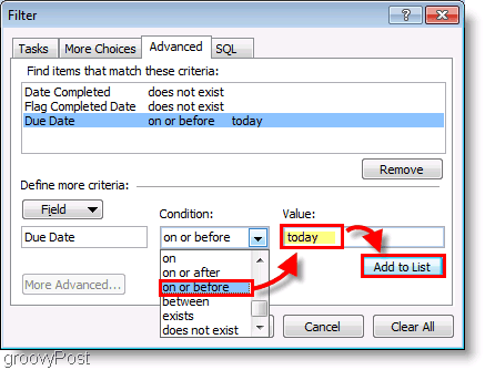 Captură de ecran: Filtrul de configurare a barei de activități din Outlook 2007 astăzi