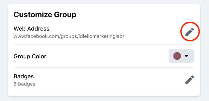 opțiunea de setare a grupului de personalizare facebook evidențiată pentru a edita adresa web
