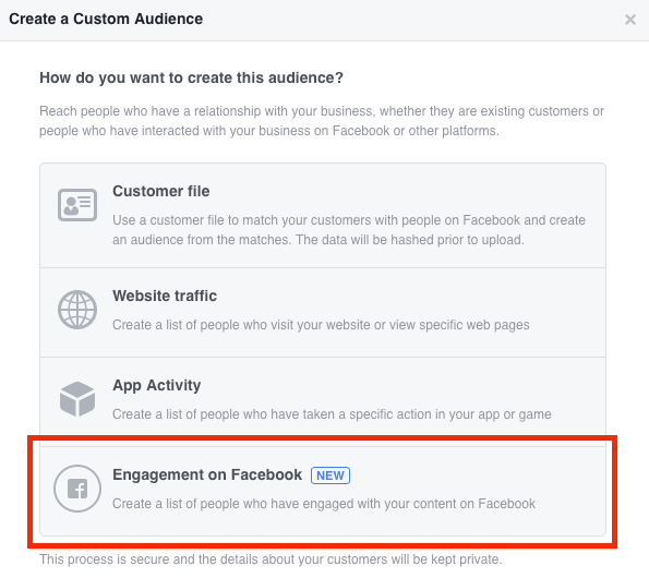 Selectați Engagement pe Facebook atunci când creați publicul dvs. video personalizat.