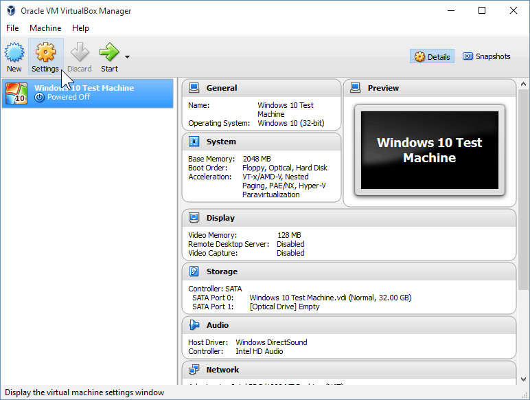 09 Deschiderea setărilor VirtualBox (Windows 10 Instalare)