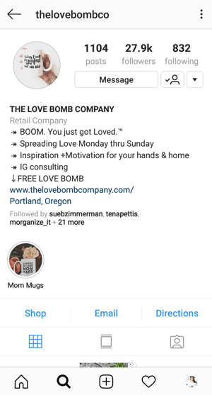 Exemplu de biografie a profilului de afaceri Instagram cu ofertă de @thelovebombco.