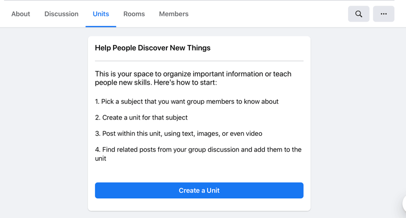 opțiunea de a crea o unitate pe unitățile de pe Facebook se află într-o filă de unitate