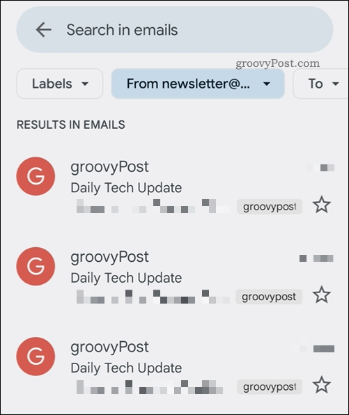 Rezultatele căutării aplicației Gmail