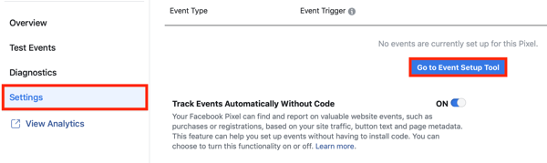 Utilizați Instrumentul de configurare a evenimentelor Facebook, pasul 2, accesați butonul Instrument de configurare a evenimentelor din fila Setări