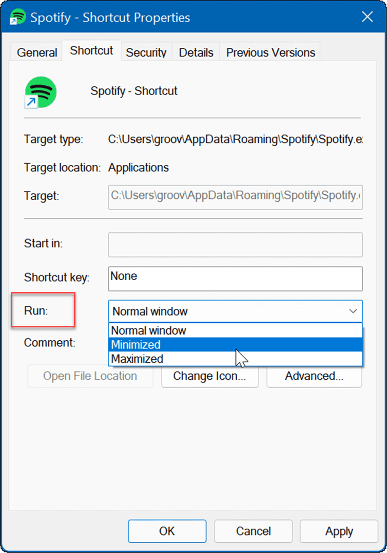 Proprietățile comenzilor rapide lansează aplicațiile în timpul pornirii pe Windows 11