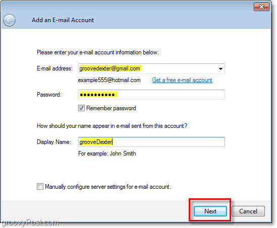 introduceți datele de acreditare pentru contul de e-mail în Windows Live Mail