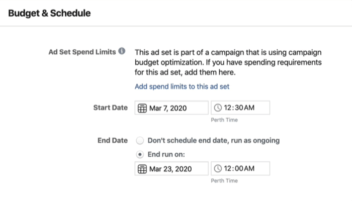 Secțiunea Buget și programare la nivel de set de anunțuri în Facebook Ads Manager