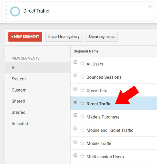 În Prezentare generală în Google Analytics, selectați Trafic direct și asigurați-vă că nu sunt selectate alte nume de segmente.