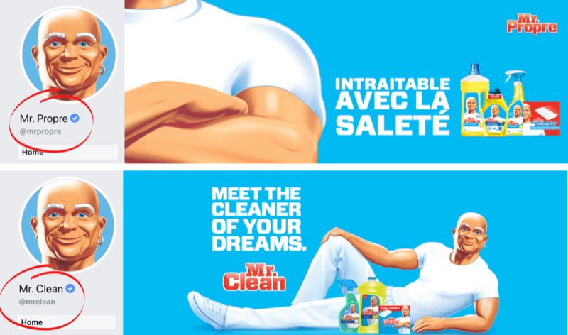 Pagina de Facebook și imaginea de copertă care arată diferențele lingvistice pentru marca Mr. Clean în piețele din Franța / Belgia și SUA