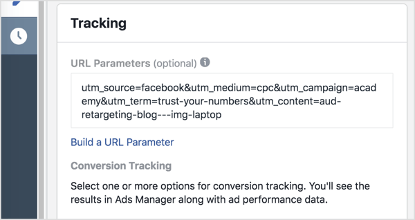 În Ads Manager, adăugați parametrii de urmărire (totul după semnul întrebării) în caseta Parametri URL.