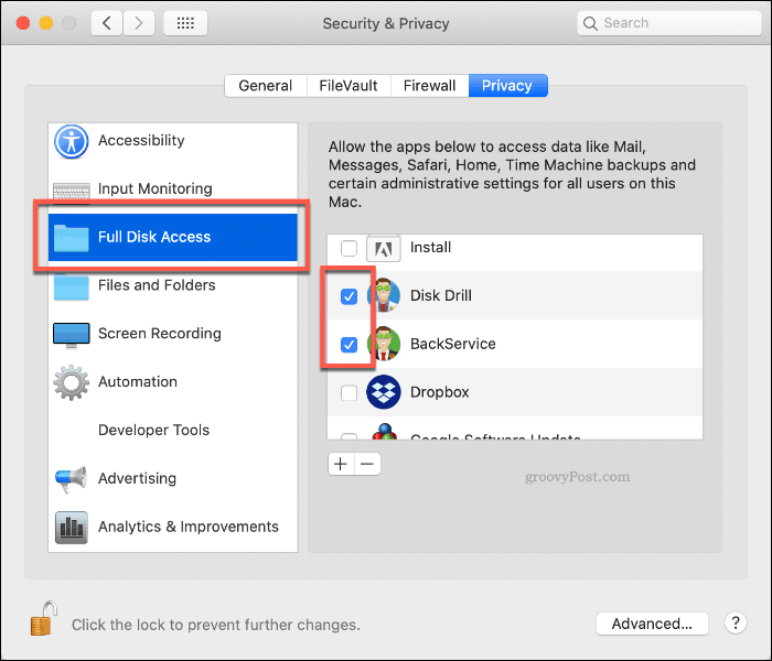 Autorizarea accesului complet al drive-ului la Disk Drill pe macOS