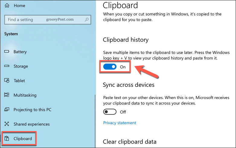 Activarea istoricului clipboard-ului în Windows 10