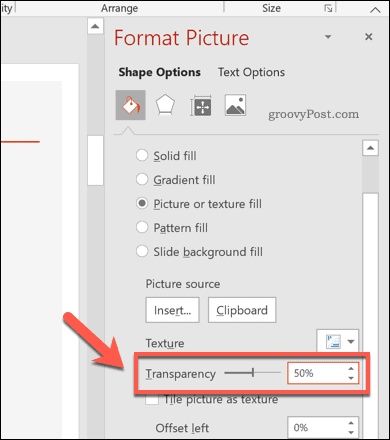 Nivel de transparență modificat pentru o formă PowerPoint