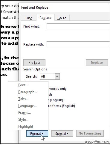 Faceți clic pe Găsire format în Word