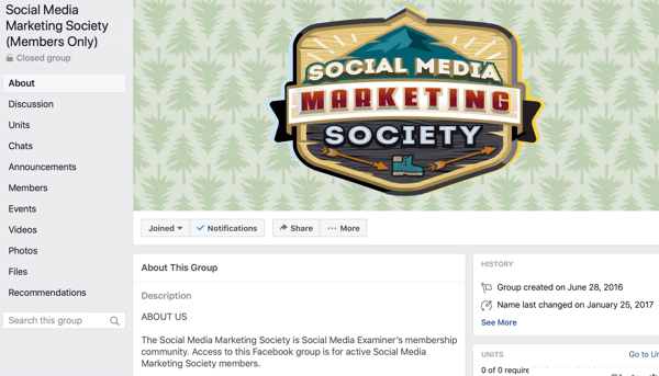 Cum se utilizează caracteristicile Grupurilor Facebook, exemplu de pagină de grup Facebook pentru Social Media Marketing Society