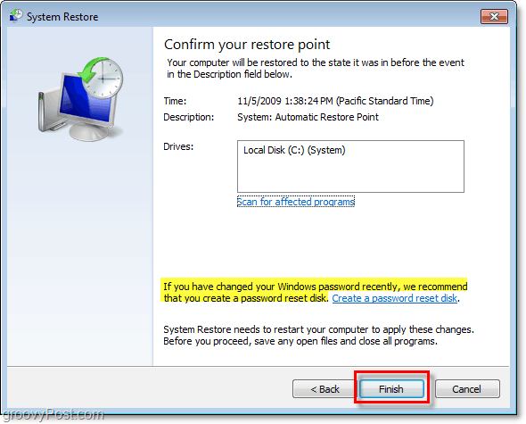 cum să confirmați că restaurați Windows 7 cu un punct de restaurare și creați un disc de resetare a parolei