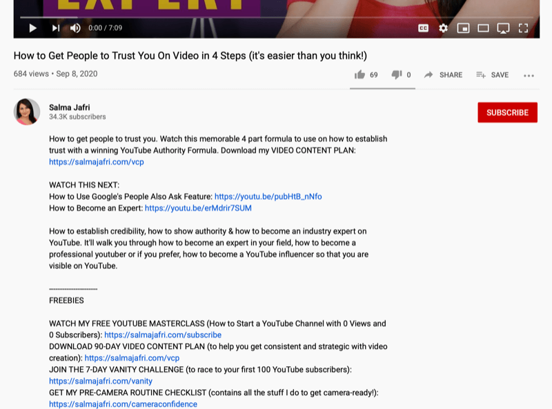 captură de ecran a notelor de descriere a videoclipului YouTube cu mai multe linkuri adăugate pentru alte videoclipuri YouTube sau descărcări gratuite