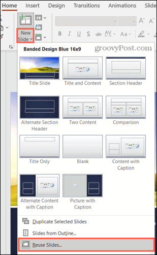 Diapozitiv nou, refolosire diapozitive în PowerPoint pe Windows