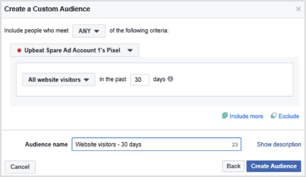 Alegeți opțiuni pentru a configura un public personalizat pe Facebook pentru toți vizitatorii site-ului în ultimele 30 de zile