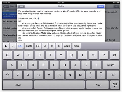 instrumentul iPad pentru aplicația wordpress