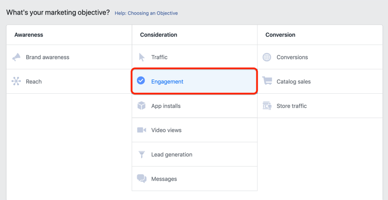 pasul 1 al modului de configurare a campaniei de implicare Facebook pentru a promova sondajul clienților
