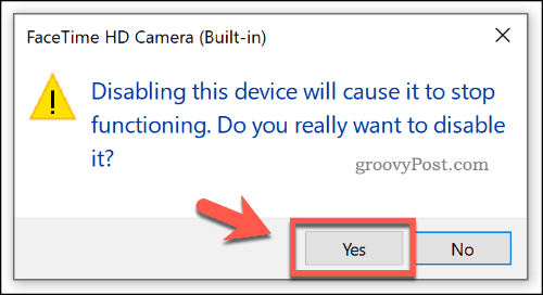 Confirmarea dezactivării unui dispozitiv în Device Manager în Windows 10