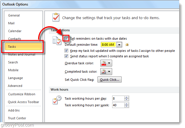 Cum să configurați mementourile implicite pentru activități pentru Outlook 2010