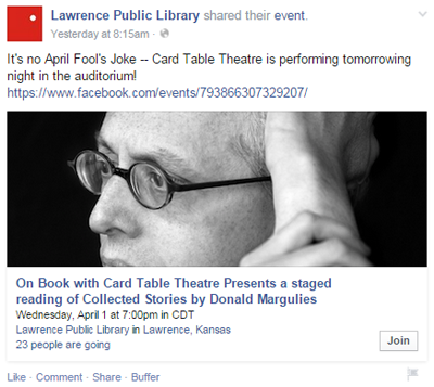 eveniment public bibliotecii publice Lawrence postare pe facebook