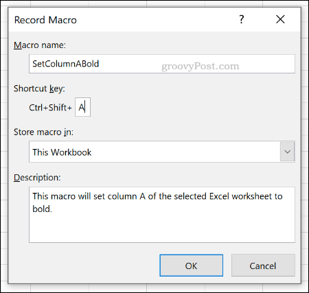 Meniul de opțiuni Record Macro în Excel