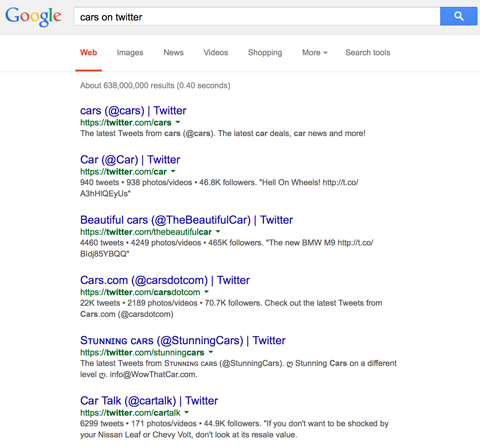 Rezultatele profilului twitter în căutarea pe Google a mașinilor pe twitter