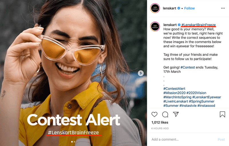 exemplu de postare de concurs Instagram care include hashtag de marcă în imagine și subtitrare