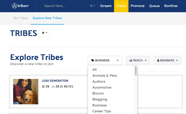Accesați fila Triburi pentru a căuta triburi la care să vă alăturați pe Triberr.