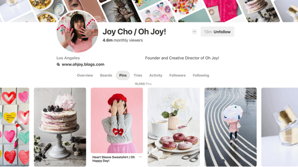 Sfaturi despre cum să vă îmbunătățiți acoperirea pe Pinterest, exemplul 6, exemplul Joy Pins Pinterest Cho