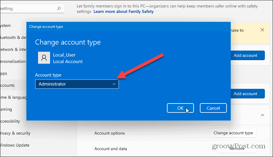 modificați tipul de cont Windows 11