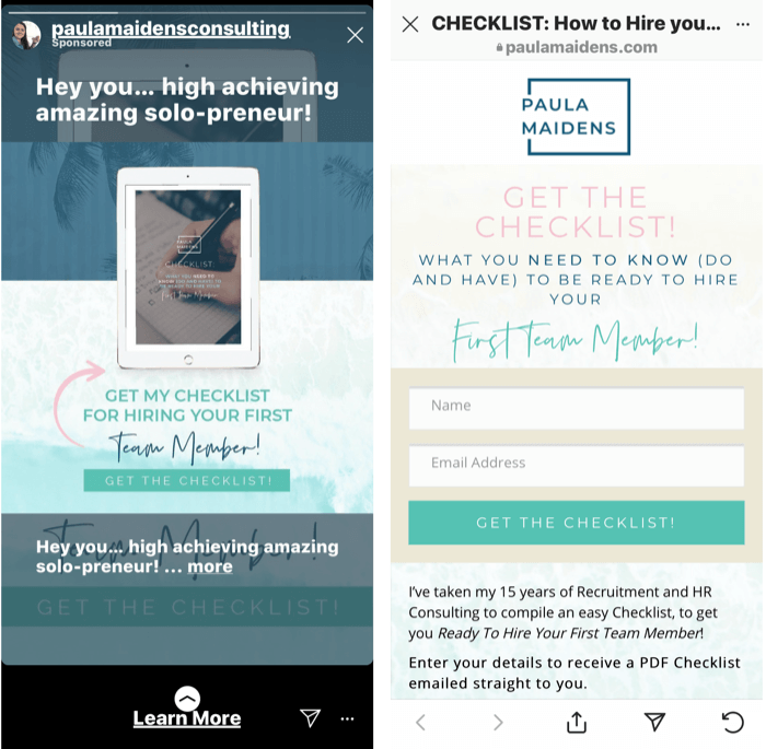 captură de ecran a unui anunț Instagram Stories care oferă o listă de verificare gratuită pentru angajarea managerului primei echipe