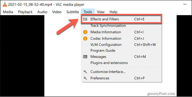 Accesarea meniului Efecte și filtre VLC pe Windows