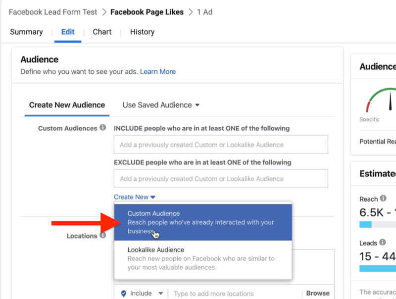 Creați un meniu drop-down nou cu publicul personalizat selectat la nivelul setului de anunțuri al campaniei publicitare Facebook