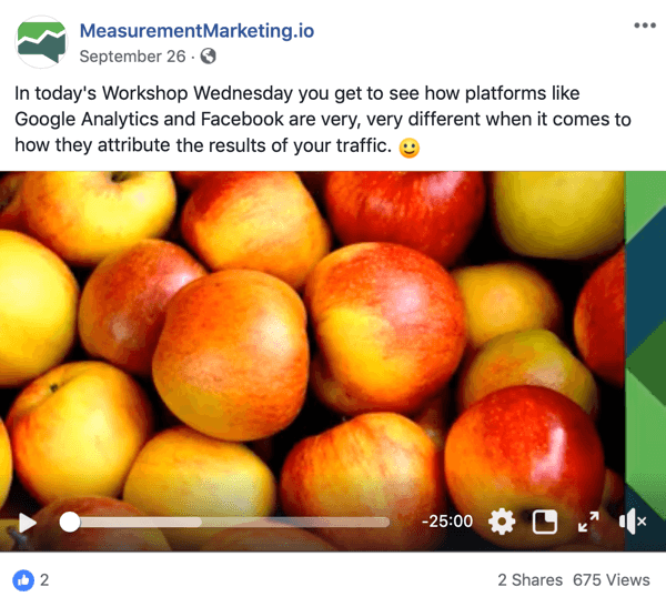Aceasta este o captură de ecran a unei postări pe Facebook de pe pagina MeasurementMarking.io. Postarea arată, de asemenea, un videoclip care promovează magnetul principal al atelierului de miercuri al lui Chris Mercer. Este posibil ca utilizatorii care vizionează sau fac clic pe videoclip să fi îndeplinit un obiectiv de conștientizare.
