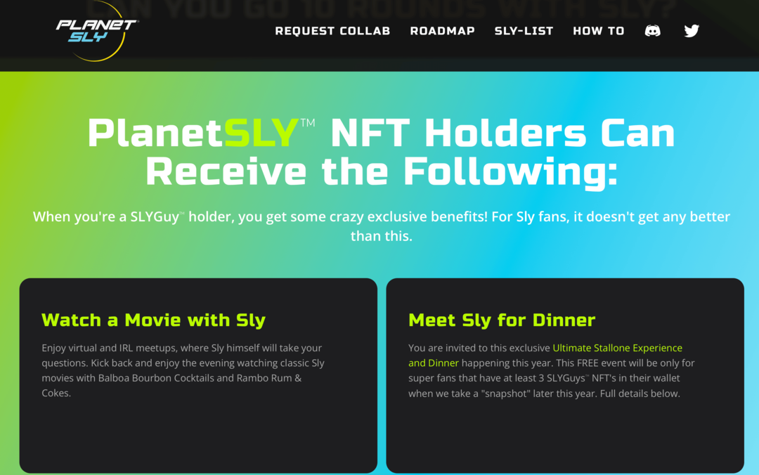 imagine a site-ului web PlanetSly care explică beneficiile pentru deținătorii SLYGuy NFT
