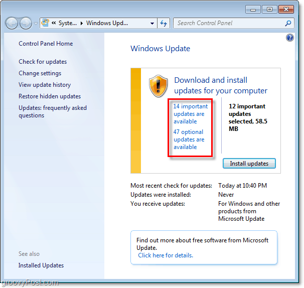 Windows 7 - Windows Update Screenshot de pagină