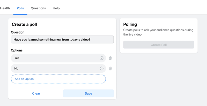 Opțiunea de flux live Facebook pentru a crea un sondaj