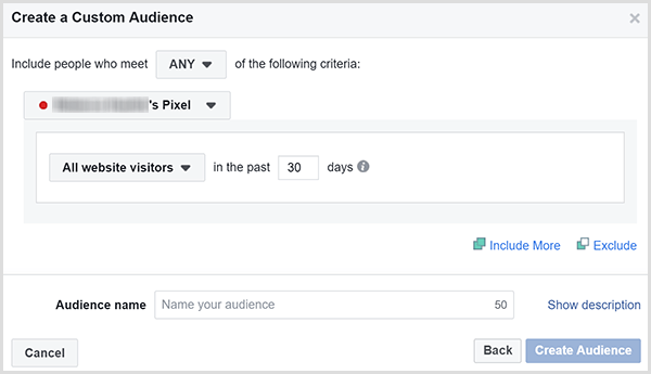 Caseta de dialog Facebook Create a Custom Audience are o opțiune pentru direcționarea anunțurilor către toți vizitatorii site-ului într-un anumit număr de zile.
